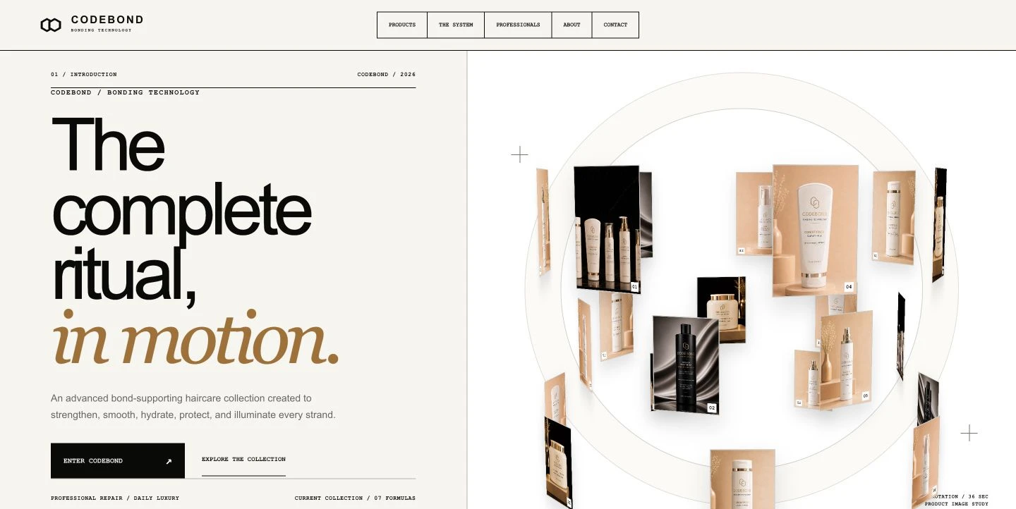 Codebond live website showing the haircare collection